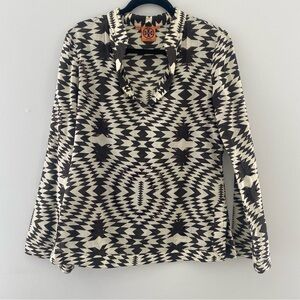 Tory Burch Printed V-Neck Embellished Tunic Blouse Brown & Neutral